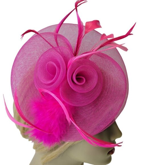 Pink Headband Fascinator with Pink Feathers and Pink Rosettes - Picture 5 of 14